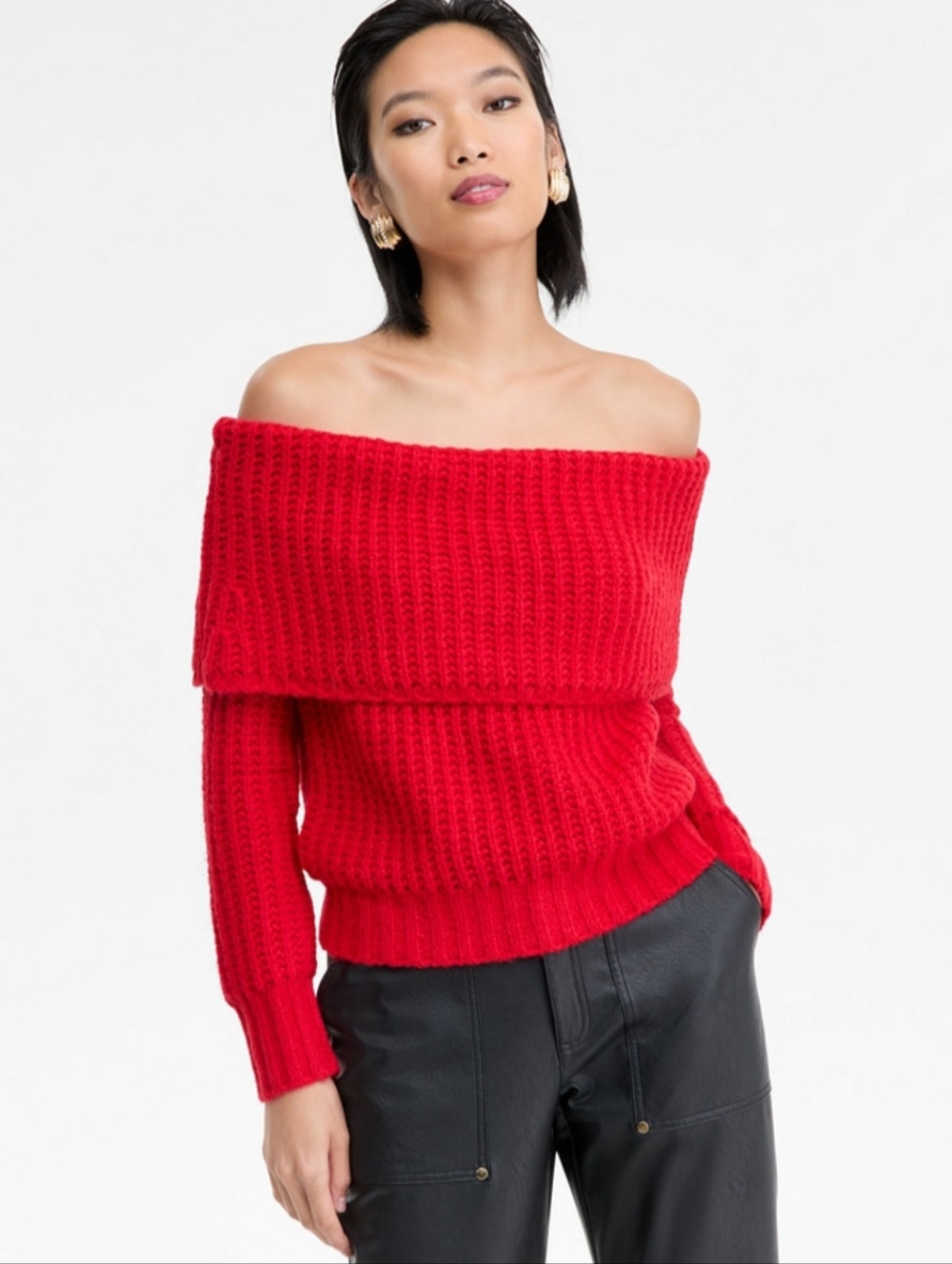 INC Women's Lofty Off-Shoulder Ribbed Knit Sweater - Red NWT